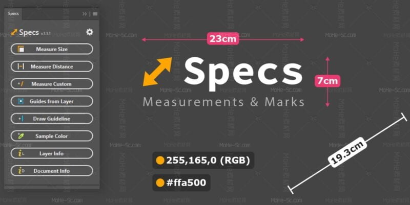PS一键自动颜色大小尺寸距离测量线条标注插件 Specs 1.1 For Photoshop 2021~ CC 2023-MOHE素材库-设计行业的乐园,各类素材的矿山!