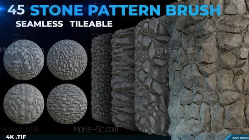 45 Stone Pattern Brush 45套石头纹理笔刷贴图 (4k Seamless Tileable .tif)-MOHE素材库-设计行业的乐园,各类素材的矿山!