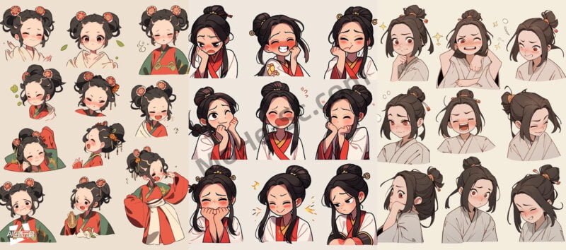 Midjourney5分钟生成一套灵气可爱的古风女孩表情包，附各种表情参考关键词，78P-MOHE素材库-设计行业的乐园，各类素材的矿山！