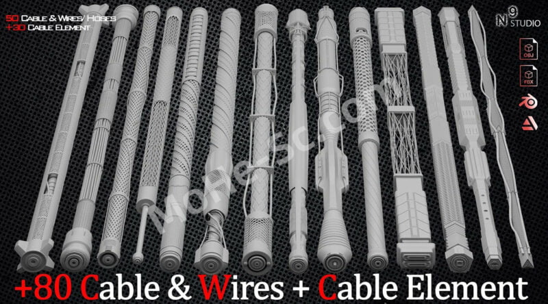 电缆电线软管元件3D模型 80 Cable ,Wires, Hoses And Cable Element [Blender/FBX/OBJ格式]-MOHE素材库-设计行业的乐园，各类素材的矿山！
