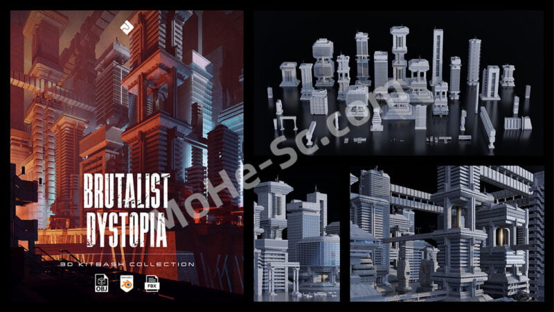 Brutalist Dystopia – 3D Kitbash Pack 62个野兽派反乌托邦风格楼房建筑3D模型，4K分辨率贴图材质 [Blender/FBX/OBJ格式]-MOHE素材库-设计行业的乐园，各类素材的矿山！