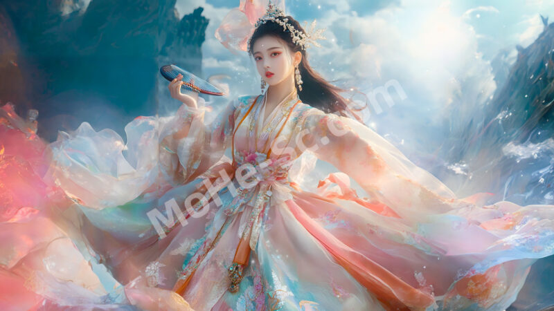 中国敦煌丝绸之路元素主题 Midjourney 关键词 和壁画中的飞天小姐姐一起穿越到千年前的大漠，效果太赞了！-MOHE素材库-设计行业的乐园，各类素材的矿山！