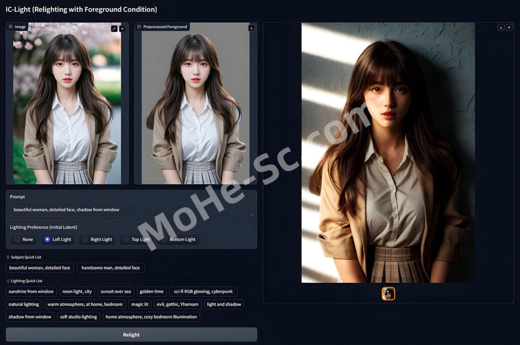 ControlNet作者开源的AI图片打光神器——IC Light 可控制光照方向和色彩氛围，免费使用