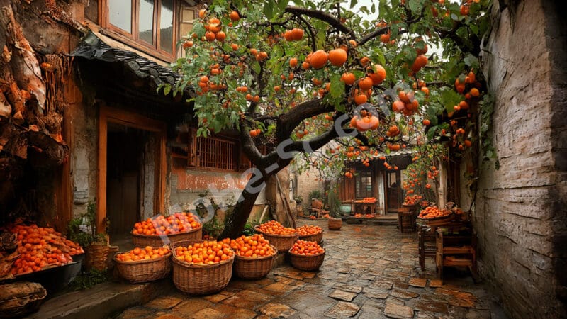 Midjourney 古朴的庭院里高大的老柿子树 提示词-MOHE素材库-设计行业的乐园，各类素材的矿山！