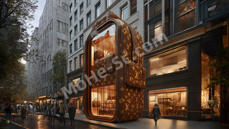 Midjourney 超逼真的 3D 渲染 高档城市街道上一家巨大的路易威登包袋形精品店 提示词-MOHE素材库-设计行业的乐园，各类素材的矿山！