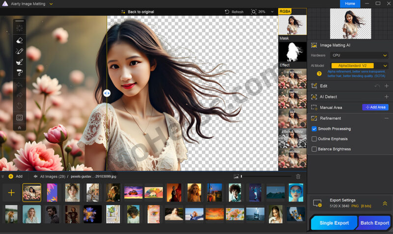 Aiarty Image Matting 最先进的基于 AI 的图像抠图软件，细节完美，像素级抠图，本地部署使用，隐私保护，适配老旧电脑-MOHE素材库-设计行业的乐园，各类素材的矿山！