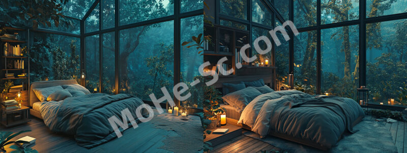 Midjourney 黑夜，森林中四周是玻璃窗的卧室装修设计 提示词-MOHE素材库-设计行业的乐园，各类素材的矿山！