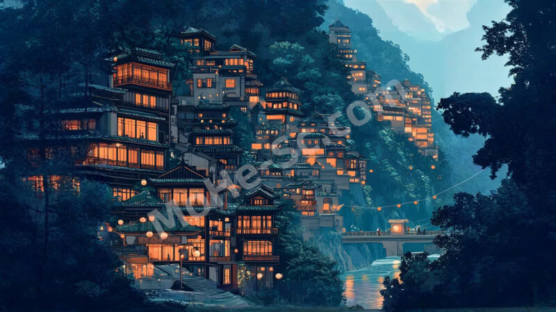 Midjourney 一幅超现实主义风格的插画海报，中国重庆 洪崖洞 提示词-MOHE素材库-设计行业的乐园，各类素材的矿山！