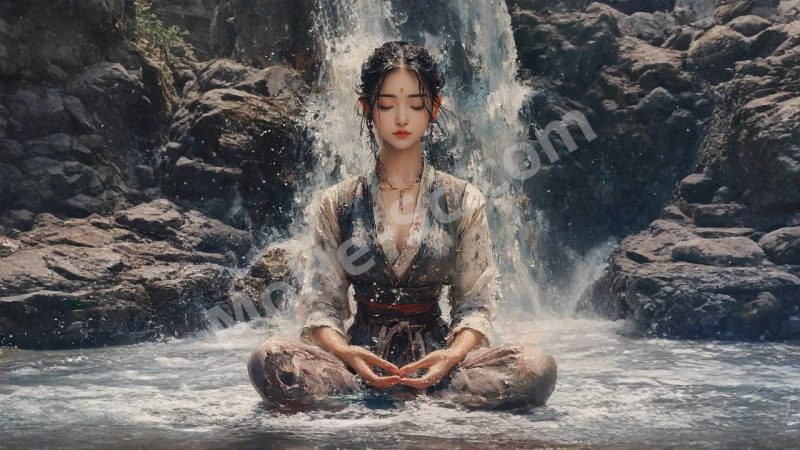 Midjourney 美丽的花木兰在高高的瀑布中冥想，上身浮在水面上，印象派风格油画 提示词-MOHE素材库-设计行业的乐园，各类素材的矿山！