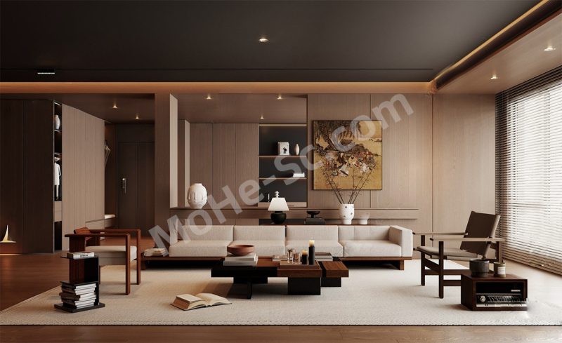 【客厅】侘寂中古风家居客厅SU模型 Wabi-sabi style living room SU model-MOHE素材库-设计行业的乐园，各类素材的矿山！