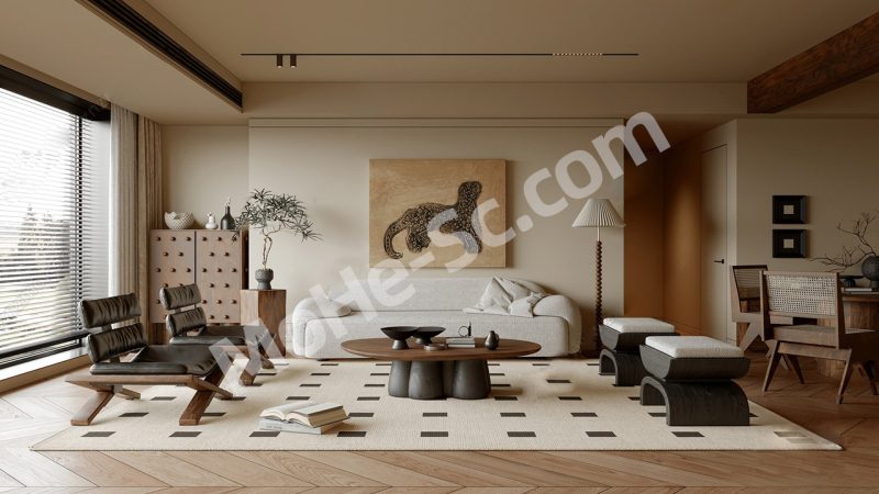 【客厅 Living Room】现代中古家居客厅SU模型 Modern Vintage Home Living Room SU Model-MOHE素材库-设计行业的乐园，各类素材的矿山！