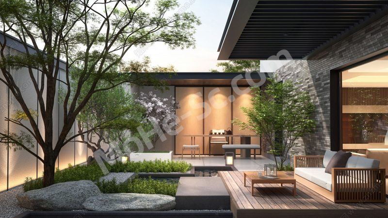 【庭院 Courtyard】现代庭院景观SU模型 Modern courtyard landscape SU model-MOHE素材库-设计行业的乐园，各类素材的矿山！