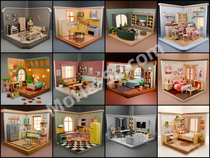 Blender低多边形微型室内电商场景3D模型资产 Isometric Rooms Collection Bedrooms Kitchens Living Rooms Low-poly 3D model-MOHE素材库-设计行业的乐园,各类素材的矿山!