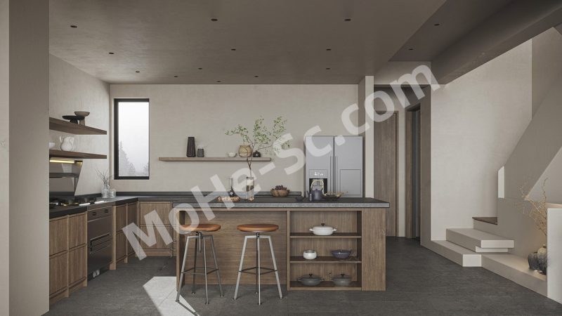 【厨房 Kitchen】侘寂风厨房SU模型  Wabi-sabi style kitchen SU ​​model-MOHE素材库-设计行业的乐园，各类素材的矿山！