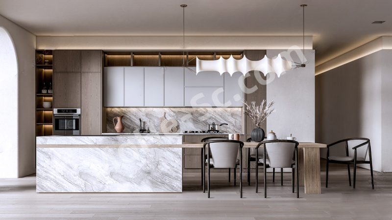 【厨房 Kitchen】侘寂风开放式厨房SU模型 Wabi-sabi style open kitchen SU ​​model-MOHE素材库-设计行业的乐园，各类素材的矿山！