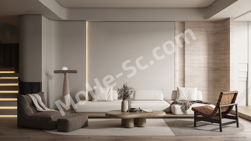 【客厅 Living Room】侘寂客厅SU模型 Wabi-Sabi Living Room SU Model-MOHE素材库-设计行业的乐园，各类素材的矿山！