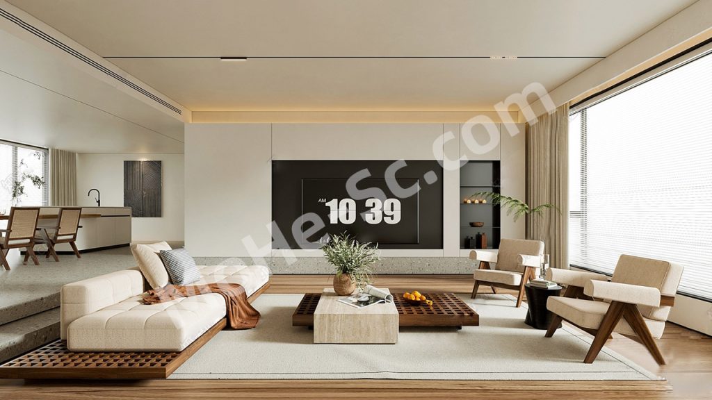 【客餐厅 Living Room and Dining Room】侘寂风极简客餐厅SU模型   Wabi-sabi Style Minimalist Living Room and Dining Room SU Model