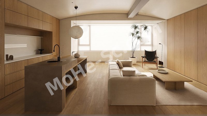 【客餐厅 Living Room】日式原木风客餐厅SU模型 Japanese-style Log Style Living Room SU Model-MOHE素材库-设计行业的乐园，各类素材的矿山！