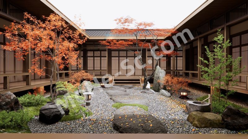 【庭院景观 Courtyard Landscape】日式中庭庭院景观SU模型  Japanese Atrium Courtyard Landscape SU Model-MOHE素材库-设计行业的乐园，各类素材的矿山！