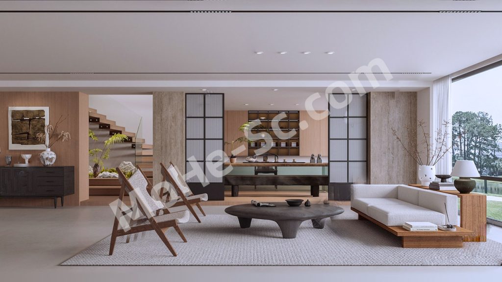 【客厅 Living Room】侘寂风别墅客厅SU模型  Wabi-sabi style villa living room SU model