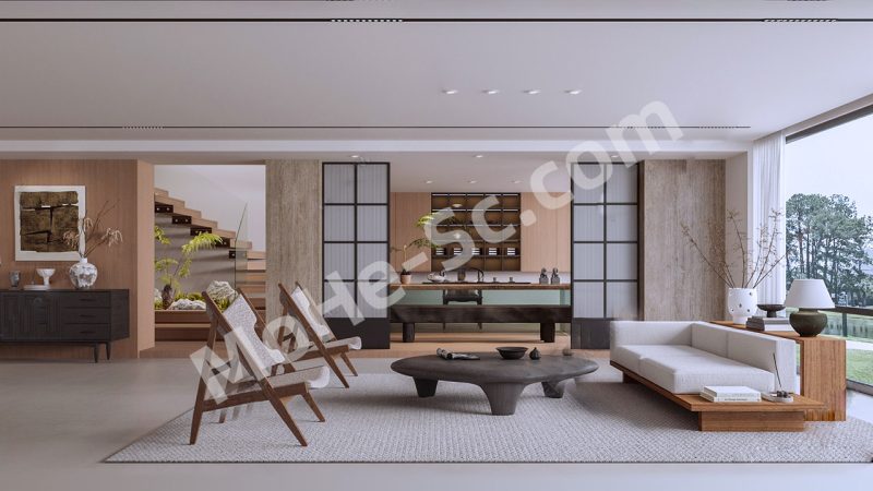 【客厅 Living Room】侘寂风别墅客厅SU模型  Wabi-sabi style villa living room SU model-MOHE素材库-设计行业的乐园，各类素材的矿山！
