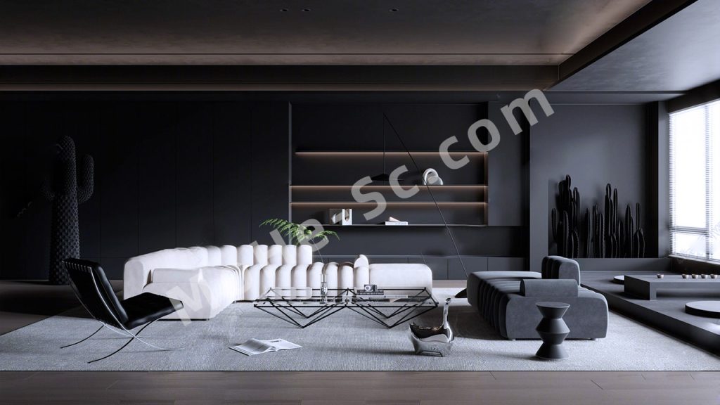 【客厅 Living Room】现代暗黑风客厅SU模型  Modern Dark Style Living Room SU Model