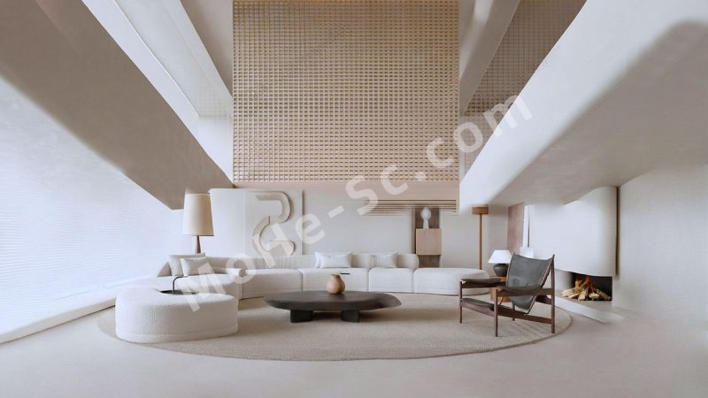 【客厅 Living Room】侘寂风中空客厅SU模型  Wabi-sabi style hollow living room SU model-MOHE素材库-设计行业的乐园，各类素材的矿山！