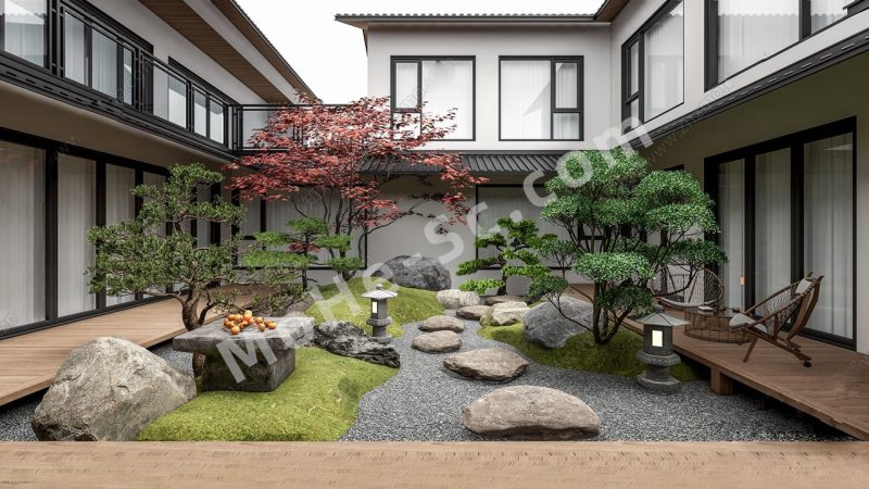 【庭院 Courtyard】新中式别墅庭院花园SU模型  New Chinese Style Villa Courtyard Garden SU ​​Model-MOHE素材库-设计行业的乐园，各类素材的矿山！