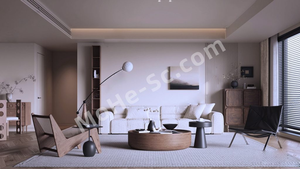 图片[1]-【客厅 Living Room】现代中古风客厅SU模型 Modern Vintage Style Living Room SU Model