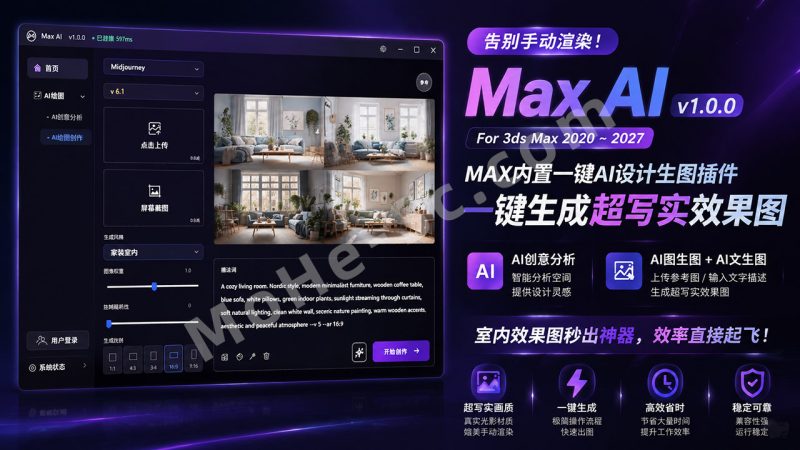 告别手动渲染！Max AI v1.0.0 For 3ds Max 2020 ~ 2027 MAX内置一键AI设计生图插件，一键生成超写实效果图，AI创意分析，AI图生图 + AI文生图，室内效果图秒出神器，效率直接起飞！-MOHE素材库-设计行业的乐园，各类素材的矿山！