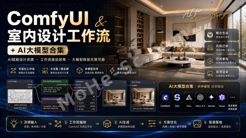 室内设计行业必备：ComfyUI 工作流 + AI大模型一站式资源合集，超级洗图/无损放大/全智能万物迁移/FLUX 室内设计物体迁移/平面图出效果图.......加速渲染与即时创意呈现-MOHE素材库-设计行业的乐园，各类素材的矿山！