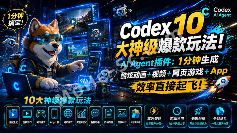 Codex 10大神级爆款玩法！AI Agent插件：1分钟生成酷炫动画+视频+网页游戏+App，效率直接起飞！