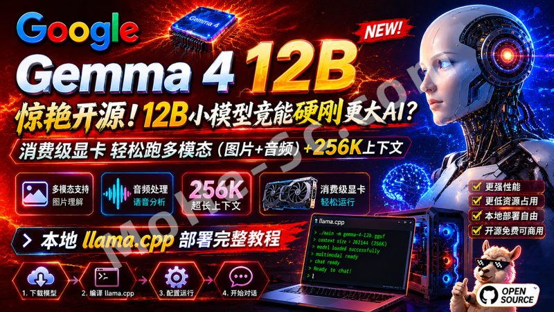 Google Gemma 4 12B 惊艳开源！12B小模型竟能硬刚更大AI？消费级显卡轻松跑多模态（图片+音频）+256K上下文 本地 llama.cpp 部署完整教程-MOHE素材库-设计行业的乐园，各类素材的矿山！