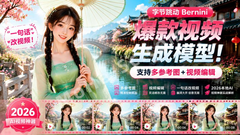 字节跳动 Bernini 爆款视频生成模型！支持多参考图+视频编辑，一句话脑洞大开改视频，2026本地AI视频神器实战解析-MOHE素材库-设计行业的乐园，各类素材的矿山！