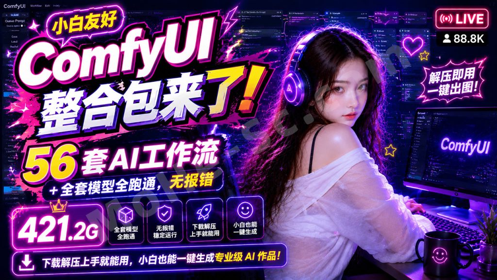 图片[1]-ComfyUI 小白友好整合包来了！56 套 AI 工作流 + 全套模型全跑通，无报错，下载解压上手就能用，小白也能一键生成专业级 AI 作品 [ 421.2G ]