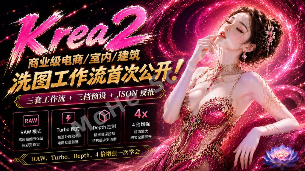 图片[1]-Krea 2 商业级电商/室内/建筑洗图工作流首次公开！三套工作流 + 三档预设 + JSON 反推，RAW、Turbo、Depth、4 倍增强一次学会