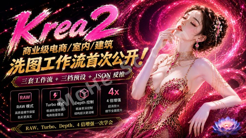 Krea 2 商业级电商/室内/建筑洗图工作流首次公开！三套工作流 + 三档预设 + JSON 反推，RAW、Turbo、Depth、4 倍增强一次学会