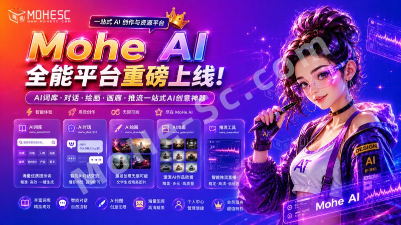 Mohe AI 全能AI创意设计平台重磅上线！一站式AI提示词词库·对话·绘画·画廊·推流AI创意神器与AIGC展示平台系统全面升级！-MOHE素材库-设计行业的乐园，各类素材的矿山！
