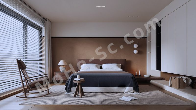 【卧室 Bedroom】侘寂卧室SU模型 Wabi-sabi Bedroom SU Model-MOHE素材库-设计行业的乐园，各类素材的矿山！
