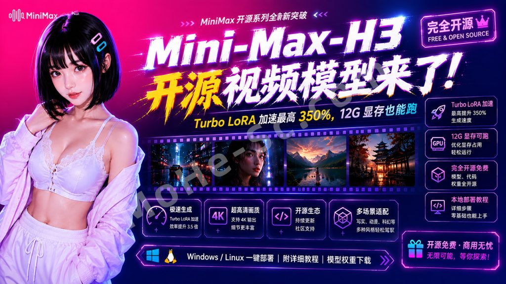 图片[1]-MiniMax H3 开源视频模型来了！Turbo LoRA 加速最高 350%，12G 显存也能跑，本地部署教程详解