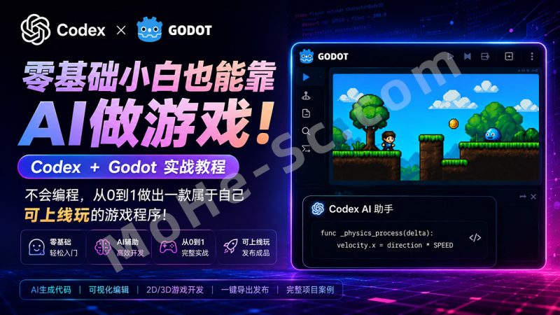 零基础小白也能靠AI做游戏！Codex + Godot实战教程：不会编程，从0到1做出一款属于自己可上线玩的游戏程序！-MOHE素材库-设计行业的乐园，各类素材的矿山！