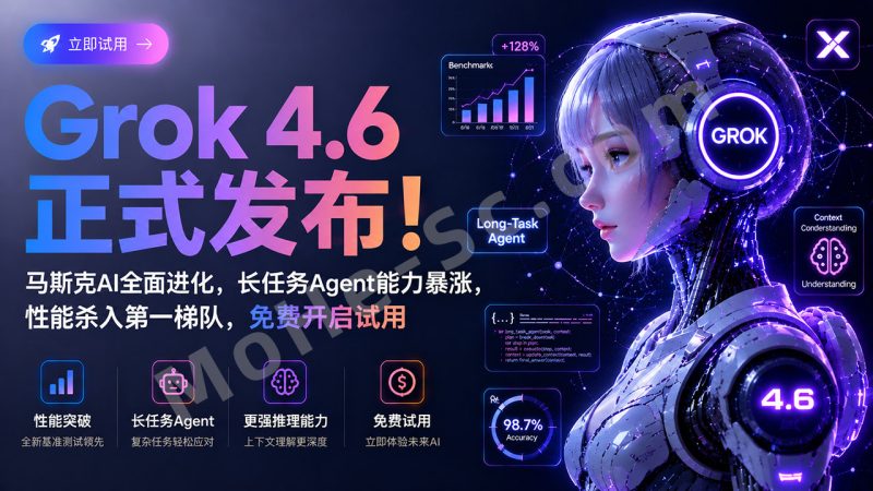 马斯克的 Grok 4.6正式发布！AI性能全面进化，长任务Agent能力暴涨，性能飙升追平GPT-5.6 Sol，杀入第一梯队，免费开启试用！-MOHE素材库-设计行业的乐园，各类素材的矿山！