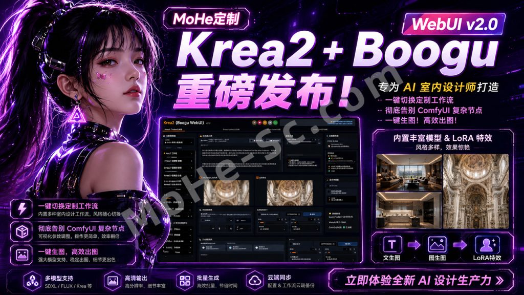 图片[1]-魔盒定制 Krea2 + Boogu WebUI v2.0 重磅发布！专为 AI 室内设计师打造，一键切换定制工作流，彻底告别 ComfyUI 复杂节点，一键生图！