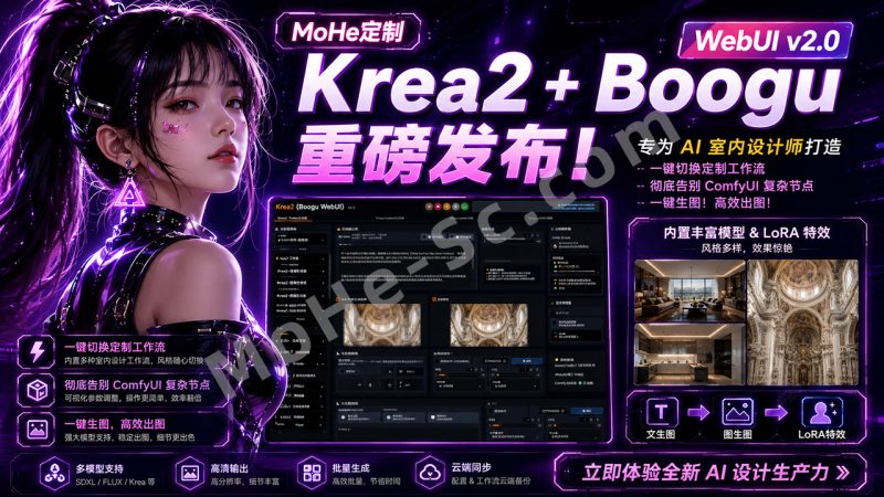 魔盒定制 Krea2 + Boogu WebUI v2.0 重磅发布！专为 AI 室内设计师打造，一键切换定制工作流，彻底告别 ComfyUI 复杂节点，一键生图！