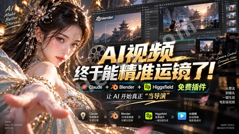 AI视频终于能精准运镜了！Claude + Blender + Higgsfield免费插件，让AI开始真正“当导演”-MOHE素材库-设计行业的乐园，各类素材的矿山！