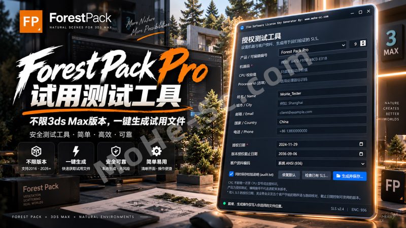 Forest Pack Pro 森林插件授权试用工具：不限3ds Max版本，一键开启试用功能，安全测试工具