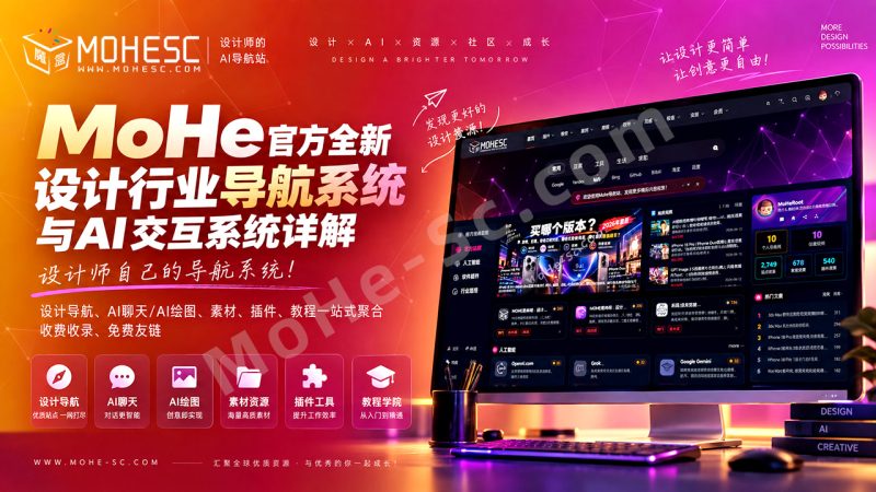 MoHe官方全新设计行业导航系统与AI交互系统详解：设计师自己的导航系统！设计导航、AI聊天/AI绘图、素材、插件、教程一站式聚合，收费收录、免费友链
