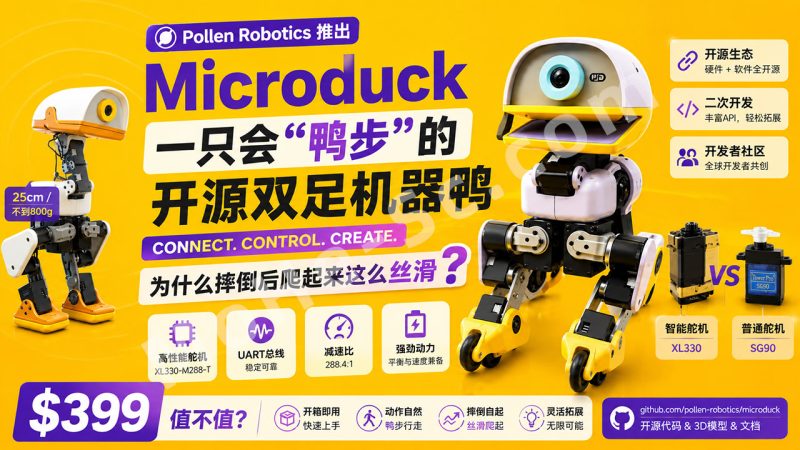 Pollen Robotics推出Microduck：399美元一只会“鸭步”的开源双足机器鸭又突然爆火开发圈，为什么摔倒后爬起来这么丝滑？-MOHE素材库-设计行业的乐园，各类素材的矿山！