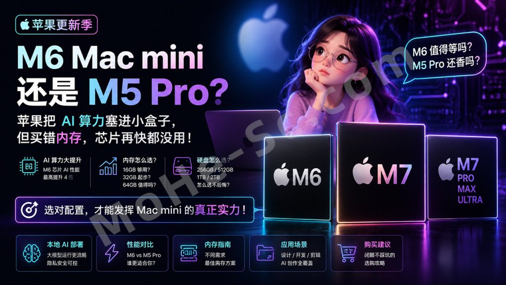 图片[1]-苹果更新季 M6 Mac mini还是M5 Pro？苹果把AI算力塞进小盒子，但买错内存，芯片再快都没用！