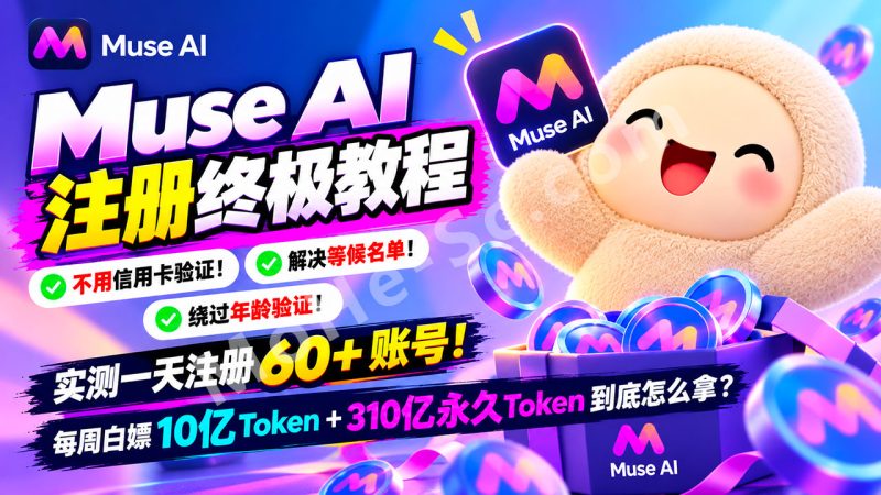 Muse AI注册终极教程：不用信用卡验证！解决等候名单与年龄验证，实测一天注册60个账号！每周白嫖10亿Token＋310亿永久Token到底怎么拿？